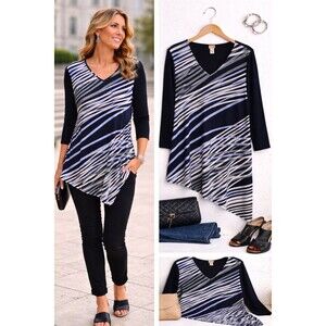 Chicos Easy Care Knit Top Tunic Large Asymmetric Hem Blue Abstract